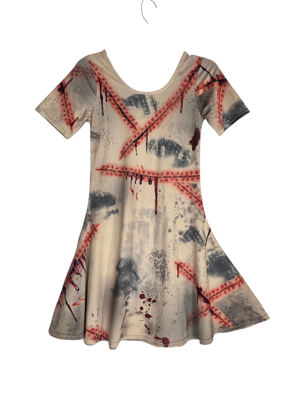 Dolls Kill Beige Graphic Short Sleeve Skater Dress with Red and Gray Accents